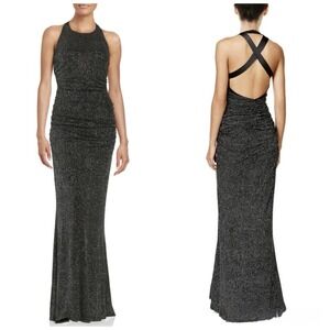 Calvin Klein Ruched Black Glitter Cross Open‎ Back Halter Evening Gown Size 12